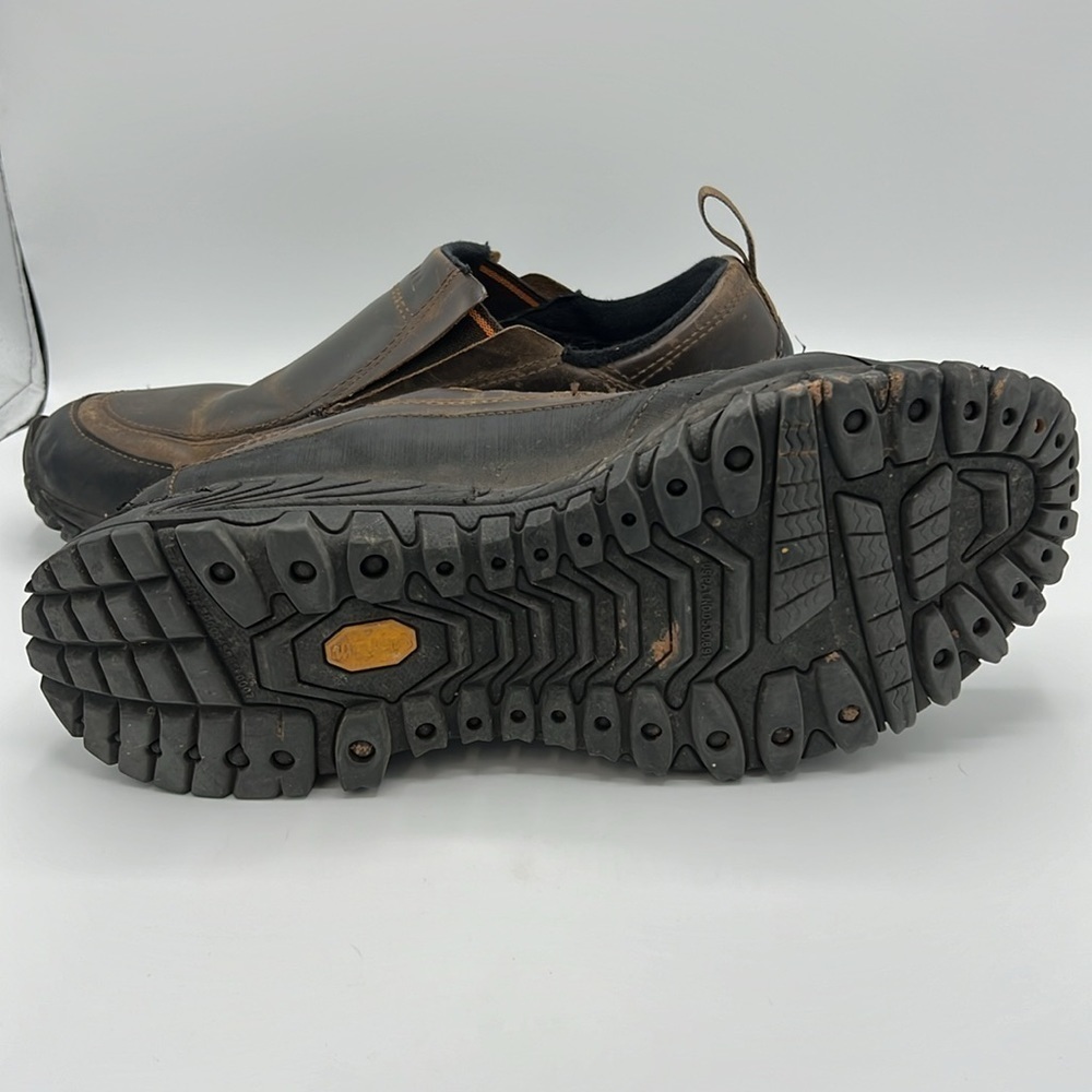 MERRELL SIZE 12 DARK EARTH BROWN SLIP ON LEATHER MOC J39577 - Picture 13 of 13